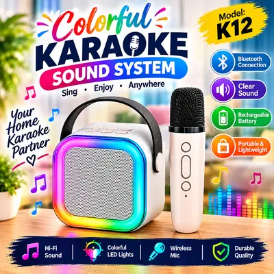 K12 Portable Bluetooth Karaoke Speaker with Wireless Microphone | Colorful LED Speaker for Singing, Parties & Home Entertainment