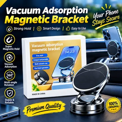 360° Rotating Vacuum Adsorption Magnetic Phone Holder | Strong Magnetic Car & Desk Mount | Universal Smartphone Bracket with Metal Ring | Premium Adjustable Mobile Stand