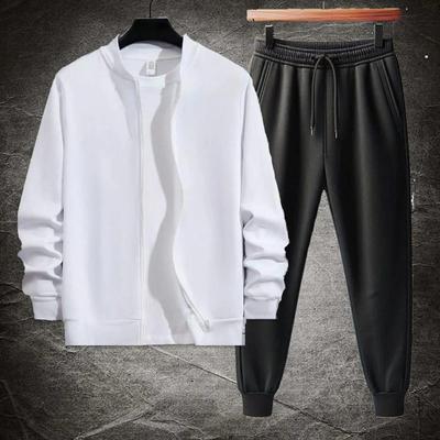 Men Zipper Track Suit White Black Polyester Medium to XL