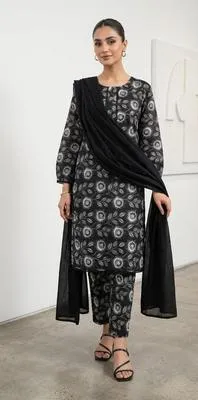 3 Pcs Women's Stitched Lawn Digital Print Suit Black Special thumbnail 2