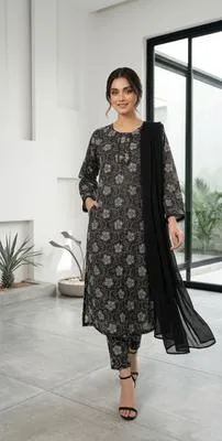 3 Pcs Women's Stitched Lawn Digital Print Suit Black Special thumbnail 2