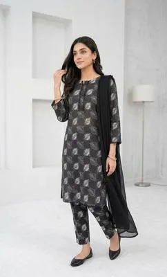 3 Pcs Women's Stitched Lawn Digital Print Suit Black Special thumbnail 2
