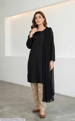 3Pcs Women's Stitched Arabic Lawn Block Printed Suit