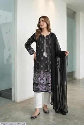 3Pcs Women's Stitched Arabic Lawn Block Printed Suit thumbnail 1