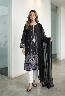 3Pcs Women's Stitched Arabic Lawn Block Printed Suit thumbnail 2
