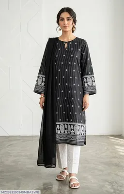 3Pcs Women's Stitched Arabic Lawn Block Printed Suit