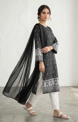 3Pcs Women's Stitched Arabic Lawn Block Printed Suit thumbnail 2