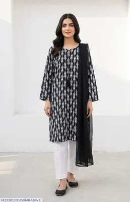3Pcs Women's Stitched Arabic Lawn Block Printed Suit