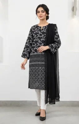 3Pcs Women's Stitched Arabic Lawn Block Printed Suit thumbnail 2