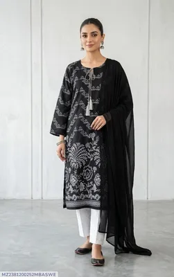 3Pcs Women's Stitched Arabic Lawn Block Printed Suit