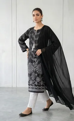 3Pcs Women's Stitched Arabic Lawn Block Printed Suit thumbnail 2