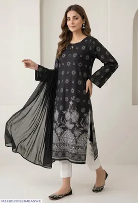 3Pcs Women's Stitched Arabic Lawn Block Printed Suit