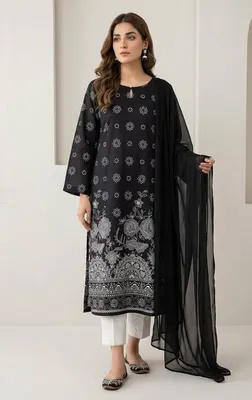 3Pcs Women's Stitched Arabic Lawn Block Printed Suit thumbnail 2