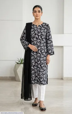3Pcs Women's Stitched Arabic Lawn Block Printed Suit