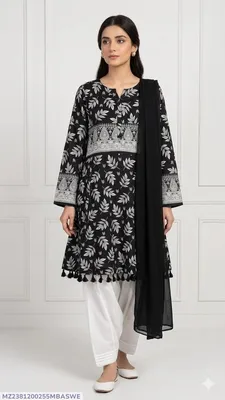 3Pcs Women's Stitched Lawn Digital Print Suit with Lace work short Frock and Shalwar