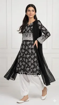 3Pcs Women's Stitched Lawn Digital Print Suit with Lace work short Frock and Shalwar thumbnail 2