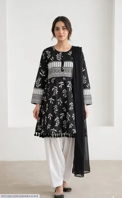 3Pcs Women's Stitched Lawn Digital Print Suit with Lace work short Frock and Shalwar thumbnail 1