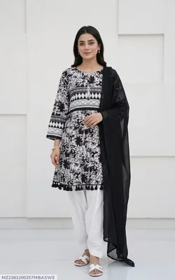3Pcs Women's Stitched Lawn Digital Print Suit with Lace work short Frock and Shalwar