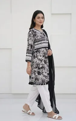 3Pcs Women's Stitched Lawn Digital Print Suit with Lace work short Frock and Shalwar thumbnail 2