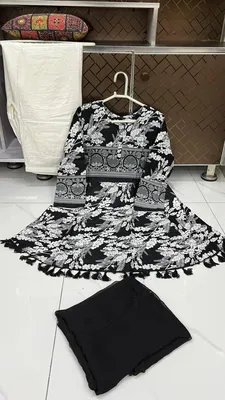 3Pcs Women's Stitched Lawn Digital Print Suit with Lace work short Frock and Shalwar thumbnail 3