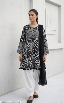 3Pcs Women's Stitched Lawn Digital Print Suit with Lace work short Frock and Shalwar thumbnail 1