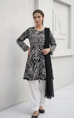 3Pcs Women's Stitched Lawn Digital Print Suit with Lace work short Frock and Shalwar thumbnail 2