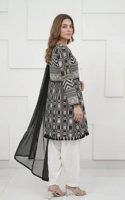 3Pcs Women's Stitched Lawn Digital Print Suit with Lace work short Frock and Shalwar thumbnail 2