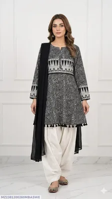 3Pcs Women's Stitched Lawn Digital Print Suit with Lace work short Frock and Shalwar