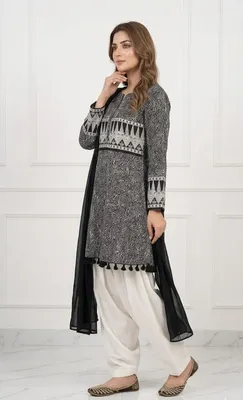3Pcs Women's Stitched Lawn Digital Print Suit with Lace work short Frock and Shalwar thumbnail 2