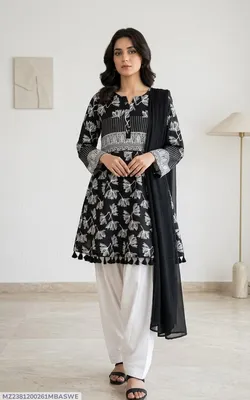 3Pcs Women's Stitched Lawn Digital Print Suit with Lace work short Frock and Shalwar thumbnail 1