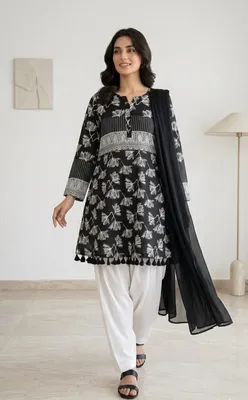 3Pcs Women's Stitched Lawn Digital Print Suit with Lace work short Frock and Shalwar thumbnail 2