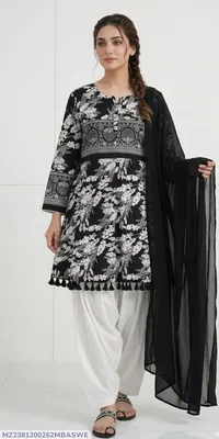 3Pcs Women's Stitched Lawn Digital Print Suit with Lace work short Frock and Shalwar thumbnail 1