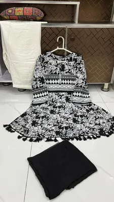 3Pcs Women's Stitched Lawn Digital Print Suit with Lace work short Frock and Shalwar thumbnail 3