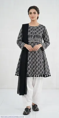 3Pcs Women's Stitched Lawn Digital Print Suit with Lace work short Frock and Shalwar