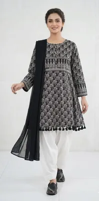 3Pcs Women's Stitched Lawn Digital Print Suit with Lace work short Frock and Shalwar thumbnail 2
