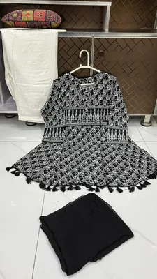 3Pcs Women's Stitched Lawn Digital Print Suit with Lace work short Frock and Shalwar thumbnail 3