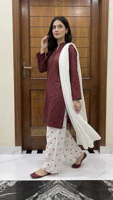 3Pcs Women's Stitched Cotton Lawn Block Printed Suit Viral Heart Printed with Lace thumbnail 2