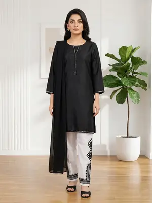 3 Pcs Women's Stitched Lawn Plain Suit with Lace and Embroidery