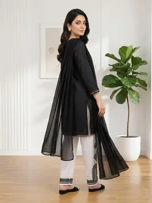 3 Pcs Women's Stitched Lawn Plain Suit with Lace and Embroidery thumbnail 2