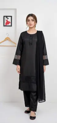 3 Pcs Women's Stitched Arabic Lawn Plain Suit with Tissue work