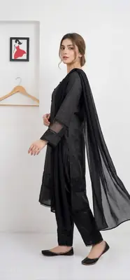 3 Pcs Women's Stitched Arabic Lawn Plain Suit with Tissue work thumbnail 2