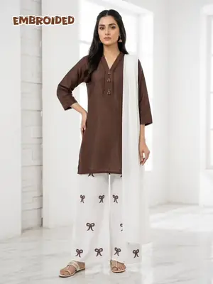 3 Pcs Women's Stitched Cotton Lawn Embroidered Suit Viral Tie Design 