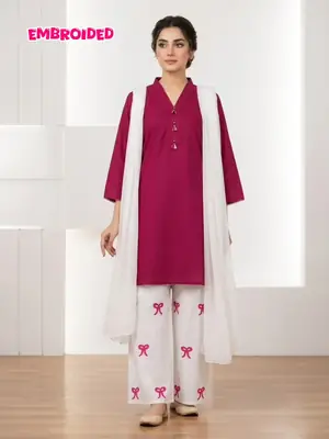 3 Pcs Women's Stitched Cotton Lawn Embroidered Suit Viral Tie Design 