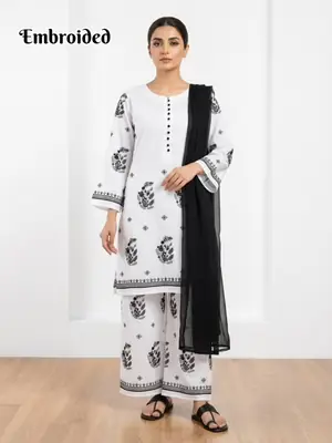 3 Pcs Women's Stitched Cotton Lawn Embroidered Suit