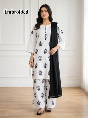3 Pcs Women's Stitched Cotton Lawn Embroidered Suit