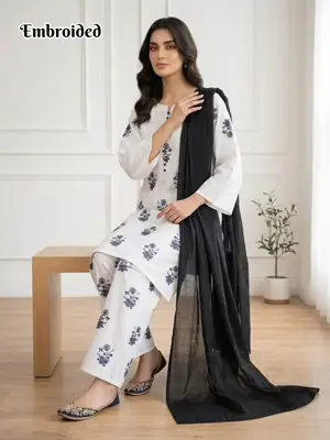 3 Pcs Women's Stitched Cotton Lawn Embroidered Suit thumbnail 3