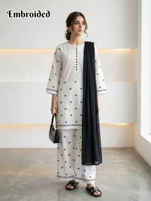3 Pcs Women's Stitched Cotton Lawn Embroidered Suit