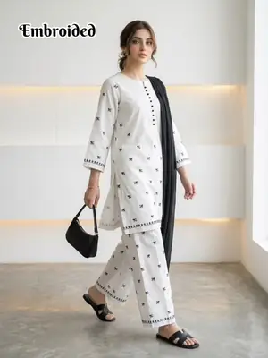 3 Pcs Women's Stitched Cotton Lawn Embroidered Suit thumbnail 3