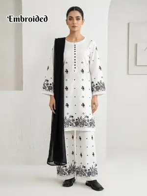 3 Pcs Women's Stitched Cotton Lawn Embroidered Suit