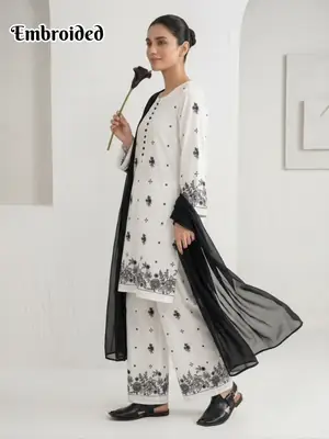 3 Pcs Women's Stitched Cotton Lawn Embroidered Suit thumbnail 2
